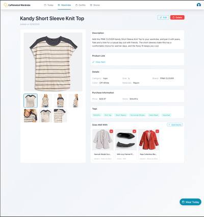The item detail page in Caffeinated Wardrobe, showing a shirt imported from StitchFix